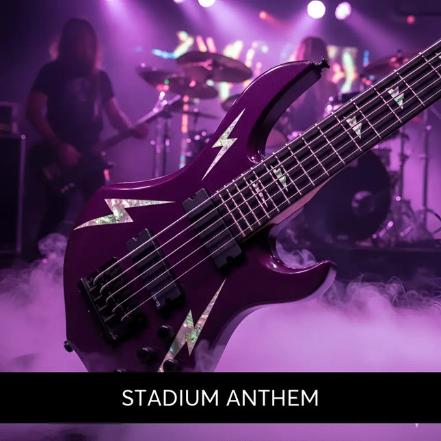 A glossy purple electric bass guitar with lightning bolt inlays for stadium rock gymnastics floor music sessions