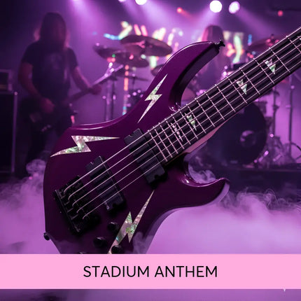 A glossy purple electric bass guitar with lightning bolt inlays for stadium rock gymnastics floor music sessions