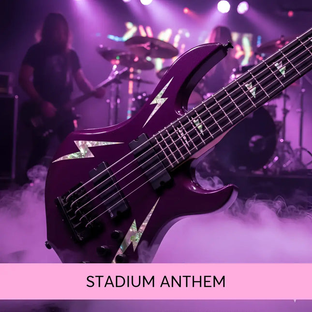 A glossy purple electric bass guitar with lightning bolt inlays for stadium rock gymnastics floor music sessions