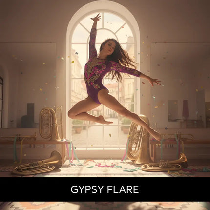 A purple gymnast leotard with gold embroidery and long sleeves perfect for gymnastics floor music like balkan gypsy brass gypsy flare