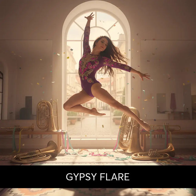 A purple gymnast leotard with gold embroidery and long sleeves perfect for gymnastics floor music like balkan gypsy brass gypsy flare