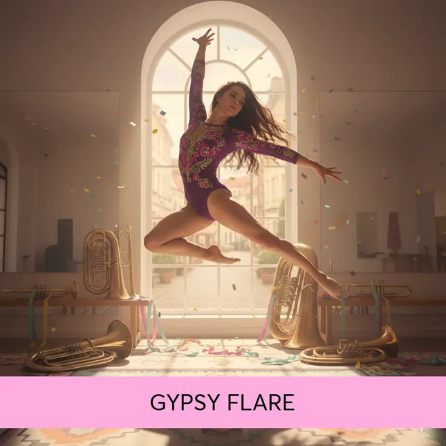 A purple gymnast leotard with gold embroidery and long sleeves perfect for gymnastics floor music like balkan gypsy brass gypsy flare