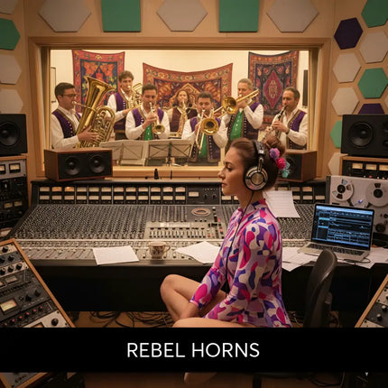 Woman in a purple pink white geometric leotard sitting at mixing console for rebel horns gymnastics floor music brass
