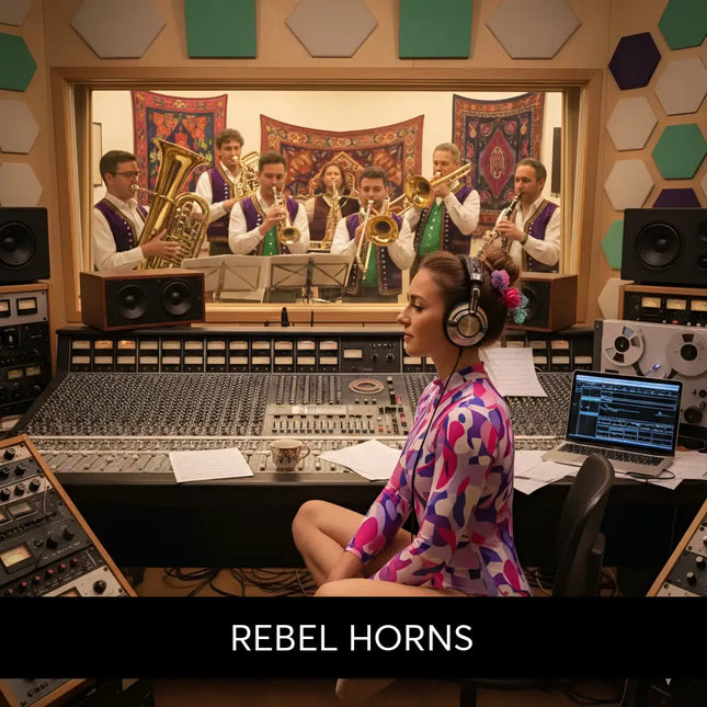 Woman in a purple pink white geometric leotard sitting at mixing console for rebel horns gymnastics floor music brass