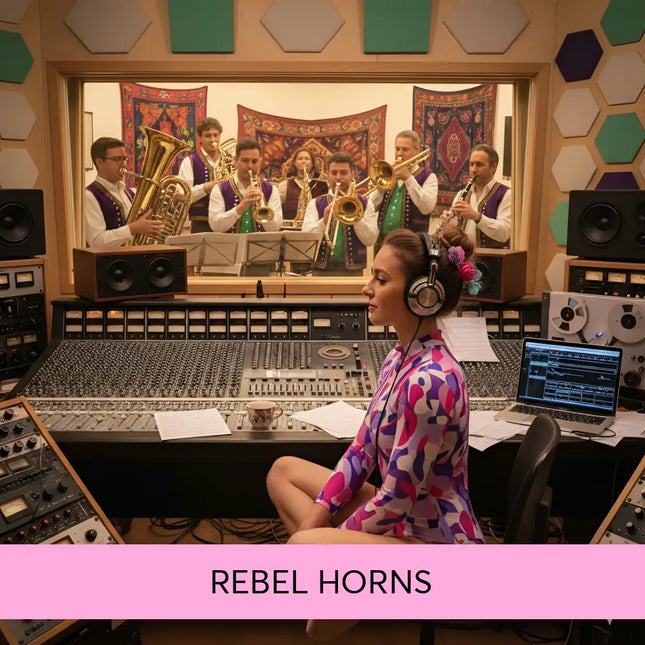 Woman in a purple pink white geometric leotard sitting at mixing console for rebel horns gymnastics floor music brass