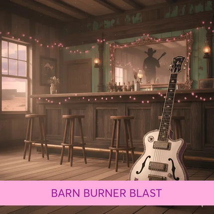 A white electric guitar with purple floral inlays and black pickguard leaning at the bar for gymnastics floor music