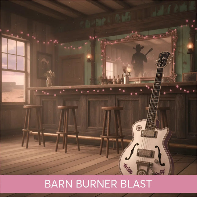 White electric guitar with purple floral inlays on Barn Burner Blast gymnastics floor music