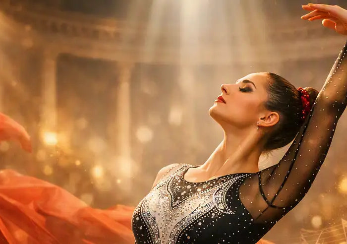 A shimmering black and silver sequined ballet leotard with sheer long sleeves.