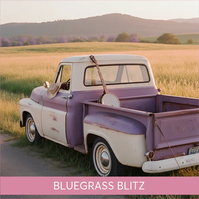 Vintage purple cream pickup with banjo in bed for Bluegrass Blitz gymnastics floor music