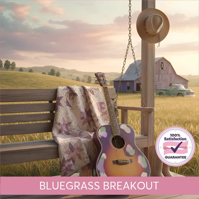 A hand-painted acoustic guitar with purple orange brown gradient and white clouds for bluegrass country gymnastics floor music