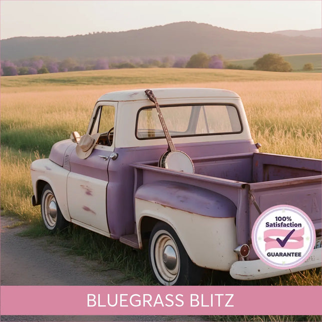 A vintage two-tone purple and cream pickup truck with a banjo in the bed perfect for country music on gymnastics floor