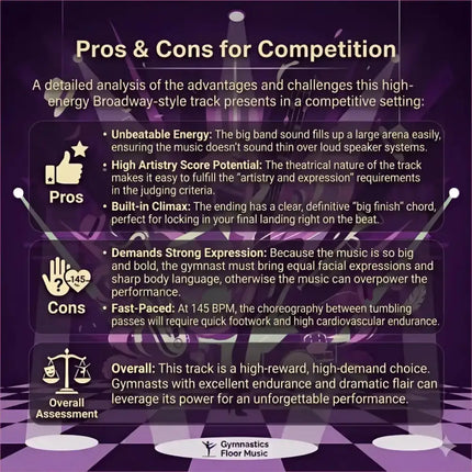 Purple-themed infographic showing pros and cons of broadway blitz gymnastics floor music for high-energy routines