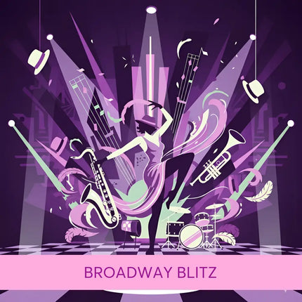 A stylized illustration of a jazz musician in motion for broadway blitz gymnastics floor music with vibrant purple backdrop