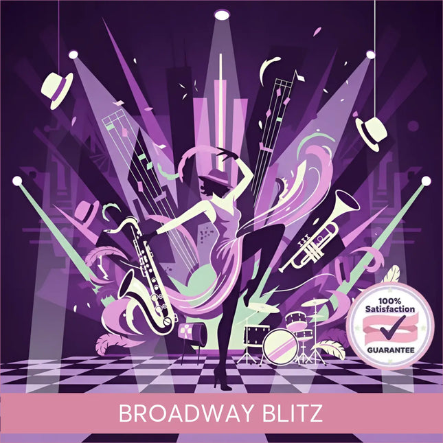 A stylized illustration of a jazz musician in motion for broadway blitz gymnastics floor music with vibrant purple backdrop