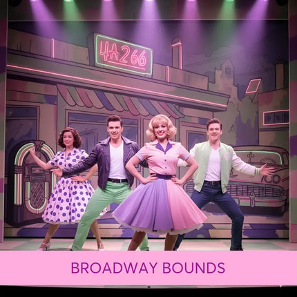 A central figure in a pink and purple polka-dot dress performs to broadway bounds gymnastics floor music for floor music routines