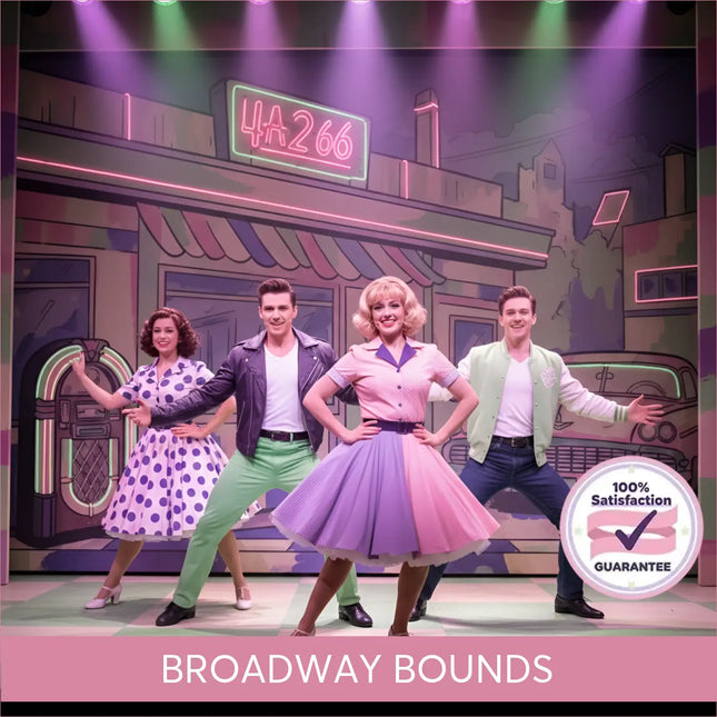 A central figure in a pink and purple polka-dot dress performs to broadway bounds gymnastics floor music for floor music routines