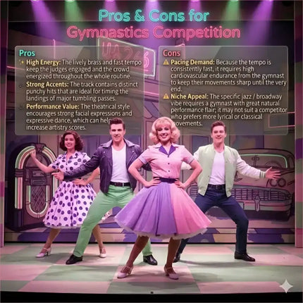 A vibrant pink and purple polka-dot dress with a flared skirt worn by central performer for broadway gymnastics floor music