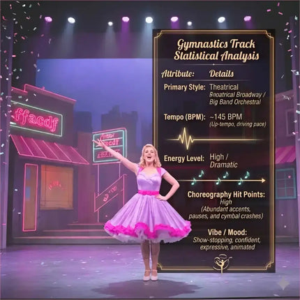 A vibrant pink and lavender theatrical gown with fitted bodice and ruffled skirt perfect for broadway gymnastics floor music routines