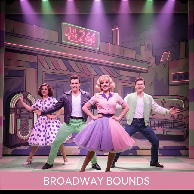 A central figure in a pink and purple polka-dot dress performs to broadway bounds gymnastics floor music for floor music routines