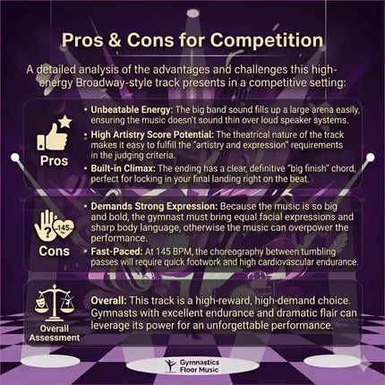 Purple-themed infographic showing pros and cons of broadway blitz gymnastics floor music for high-energy routines