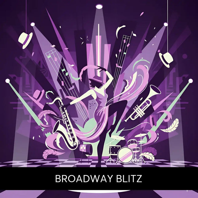 A stylized illustration of a jazz musician in motion for broadway blitz gymnastics floor music with vibrant purple backdrop