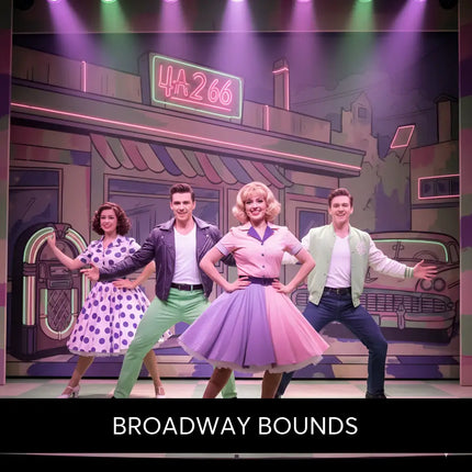 A central figure in a pink and purple polka-dot dress performs to broadway bounds gymnastics floor music for floor music routines