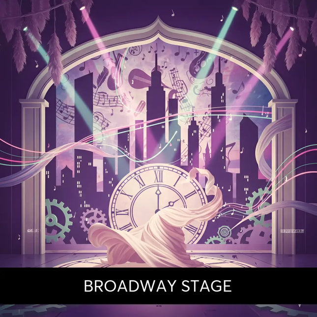 A pale pink flowing fabric drapes over a large roman numeral clock face on the broadway musical gymnastics floor track