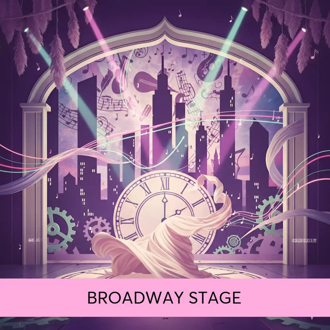 A pale pink flowing fabric drapes over a large roman numeral clock face on the broadway musical gymnastics floor track