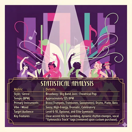 Artistic illustration of a jazz-era broadway musical dance scene in vibrant colors on center stage gymnastics floor music cover