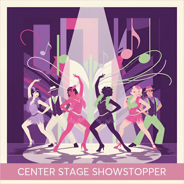 Vibrant illustration of six dancers in 1920s flapper attire under spotlight with musical notes for gymnastics floor music