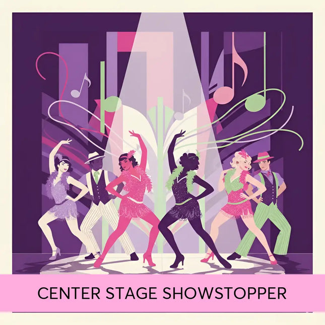 Vibrant illustration of six dancers in 1920s flapper attire under spotlight with musical notes for gymnastics floor music