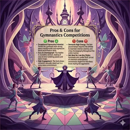 A central figure in a dark purple robe on an ornate stage with dancers and musical notes for broadway musical gymnastics floor music