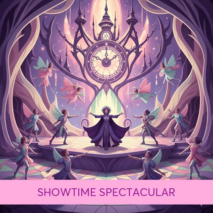 A grand ornate clock with glowing face and spires sets the scene for broadway musical gymnastics floor music