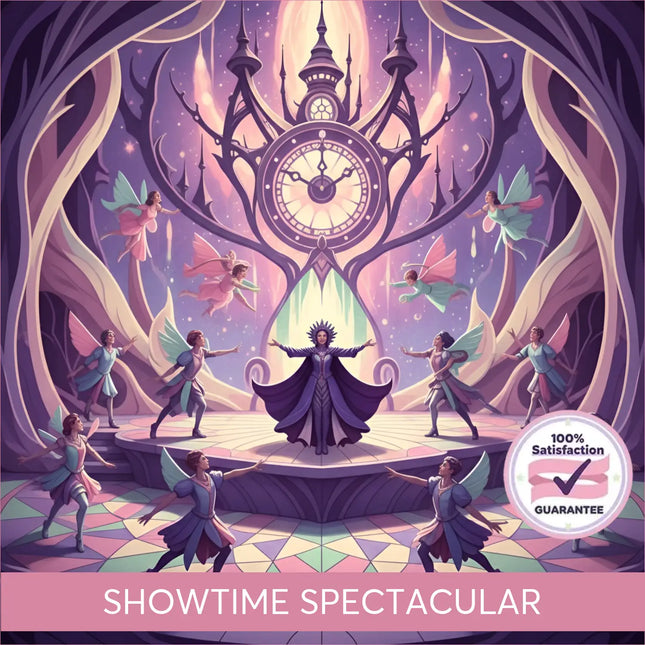 A grand ornate clock with glowing face and spires sets the scene for broadway musical gymnastics floor music
