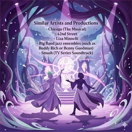 Purple and lavender illustrated broadway musical album cover with two figures under glowing trees for gymnastics floor music