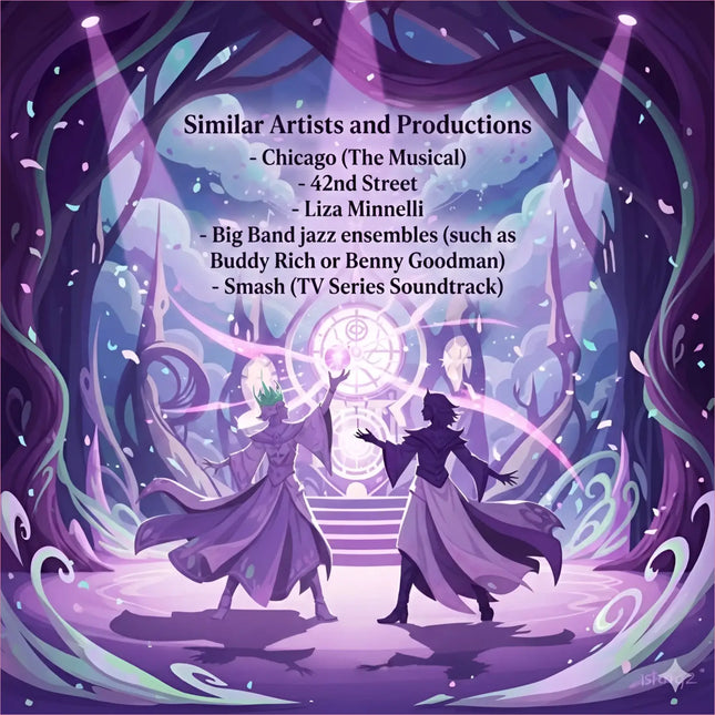 Purple and lavender illustrated broadway musical album cover with two figures under glowing trees for gymnastics floor music