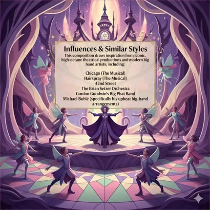 A purple-draped stage performer in a broadway musical scene with dancers and glowing musical gymnastics floor music motifs