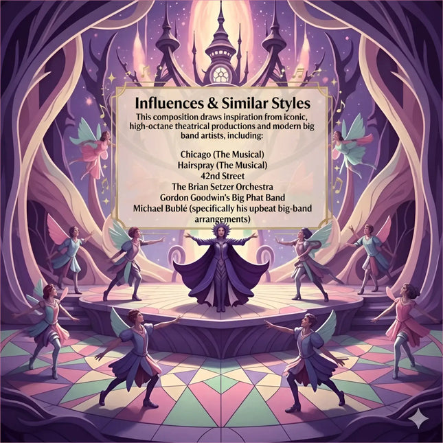A purple-draped stage performer in a broadway musical scene with dancers and glowing musical gymnastics floor music motifs