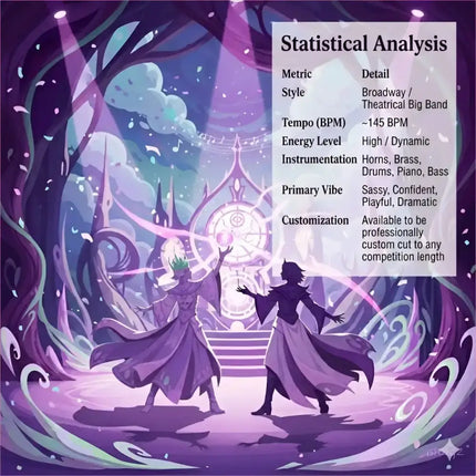 Purple and teal fantasy illustration with two robed figures by a glowing portal for broadway musical gymnastics floor music
