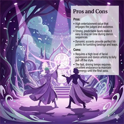 Purple and teal fantasy illustration of dancers performing under magical lights for broadway musical gymnastics floor music