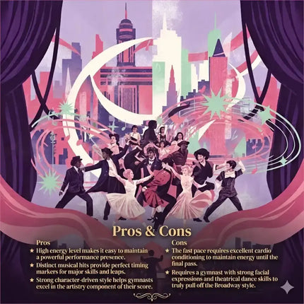 A vibrant broadway musical gymnastics floor music cover with a colorful dance ensemble and city skyline backdrop