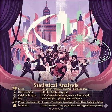 A vibrant broadway musical gymnastics floor music cover with energetic dancers and a cityscape backdrop