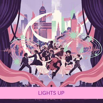 A vibrant broadway musical themed illustration with dancers and orchestra framing gymnastics floor music artwork