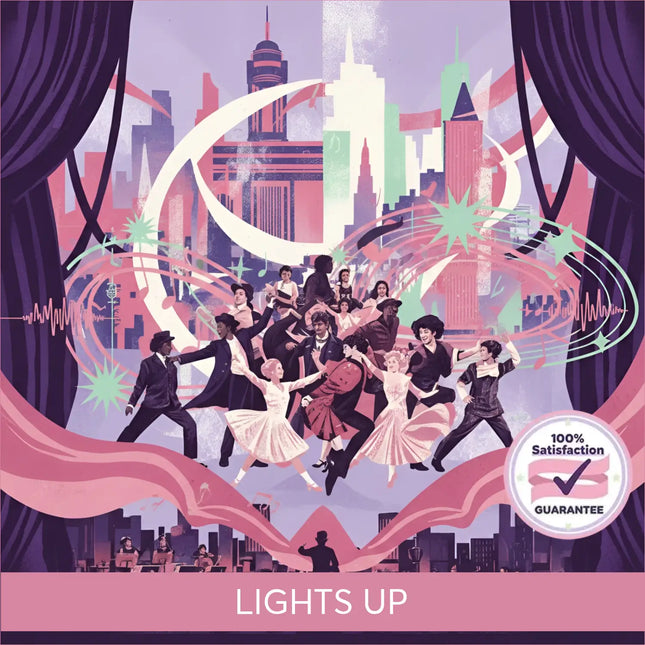 A vibrant broadway musical themed illustration with dancers and orchestra framing gymnastics floor music artwork