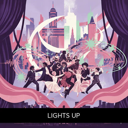 A vibrant broadway musical themed illustration with dancers and orchestra framing gymnastics floor music artwork