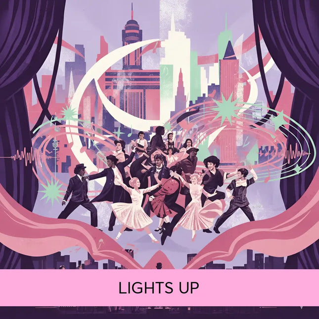 A vibrant broadway musical themed illustration with dancers and orchestra framing gymnastics floor music artwork