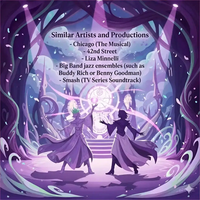 Purple and lavender illustrated broadway musical album cover with two figures under glowing trees for gymnastics floor music