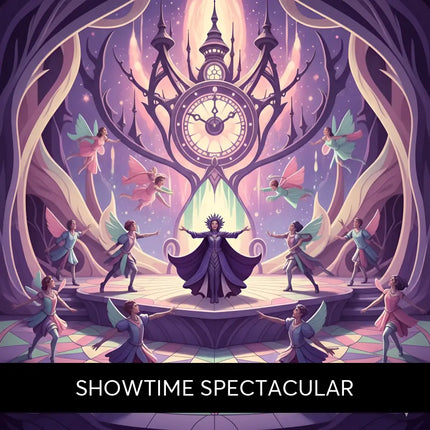 A grand ornate clock with glowing face and spires sets the scene for broadway musical gymnastics floor music