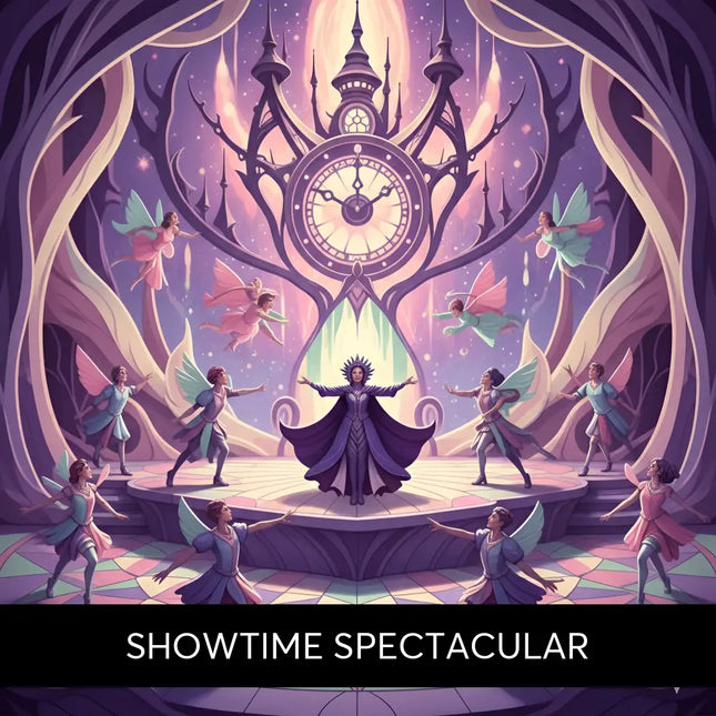A grand ornate clock with glowing face and spires sets the scene for broadway musical gymnastics floor music