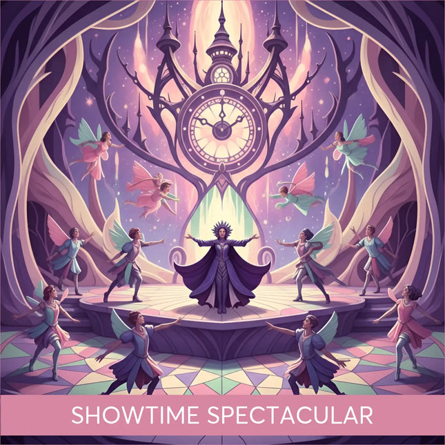 A grand ornate clock with glowing face and spires featured in broadway musical gymnastics floor music showtime spectacular